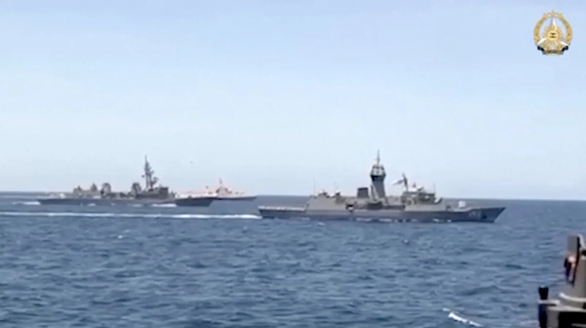 Navy ships from the United States, Japan, Australia, and the Philippines participate in joint exercises in the South China Sea on April 7, 2024, in a still from video footage. (Armed Forces of the Philippines via Reuters/Screenshot via NTD)