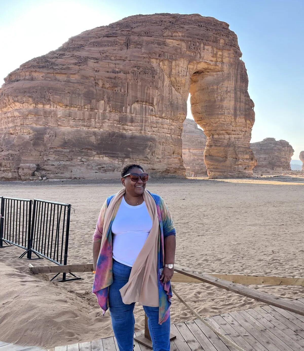 The writer stands in front of Elephant Rock in AlUla. The rock formations are stunning, and concerts are held there. (Brenda O'Neale/TNS)