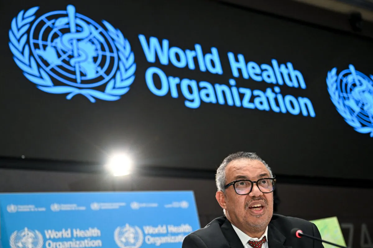 World Health Organization (WHO) chief Tedros Adhanom Ghebreyesus looks on during a press conference on the World Health Organization's 75th anniversary in Geneva, Switzerland, on April 6, 2023. (Fabrice Coffrini/AFP via Getty Images)