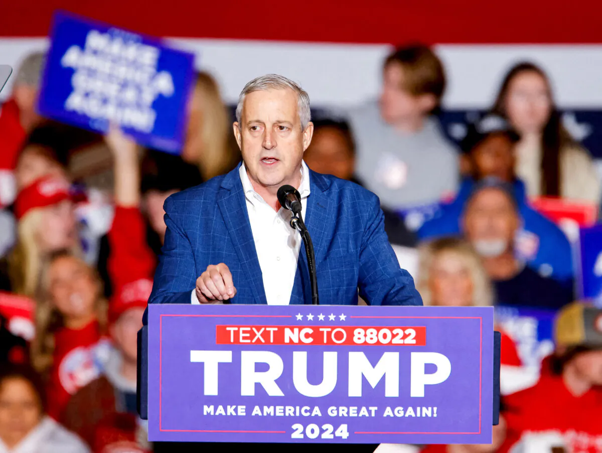 Michael Whatley, speaks before former President Donald Trump's arrival for a rally in Greensboro, N.C., on March 2, 2024. (Jonathan Drake/Reuters)