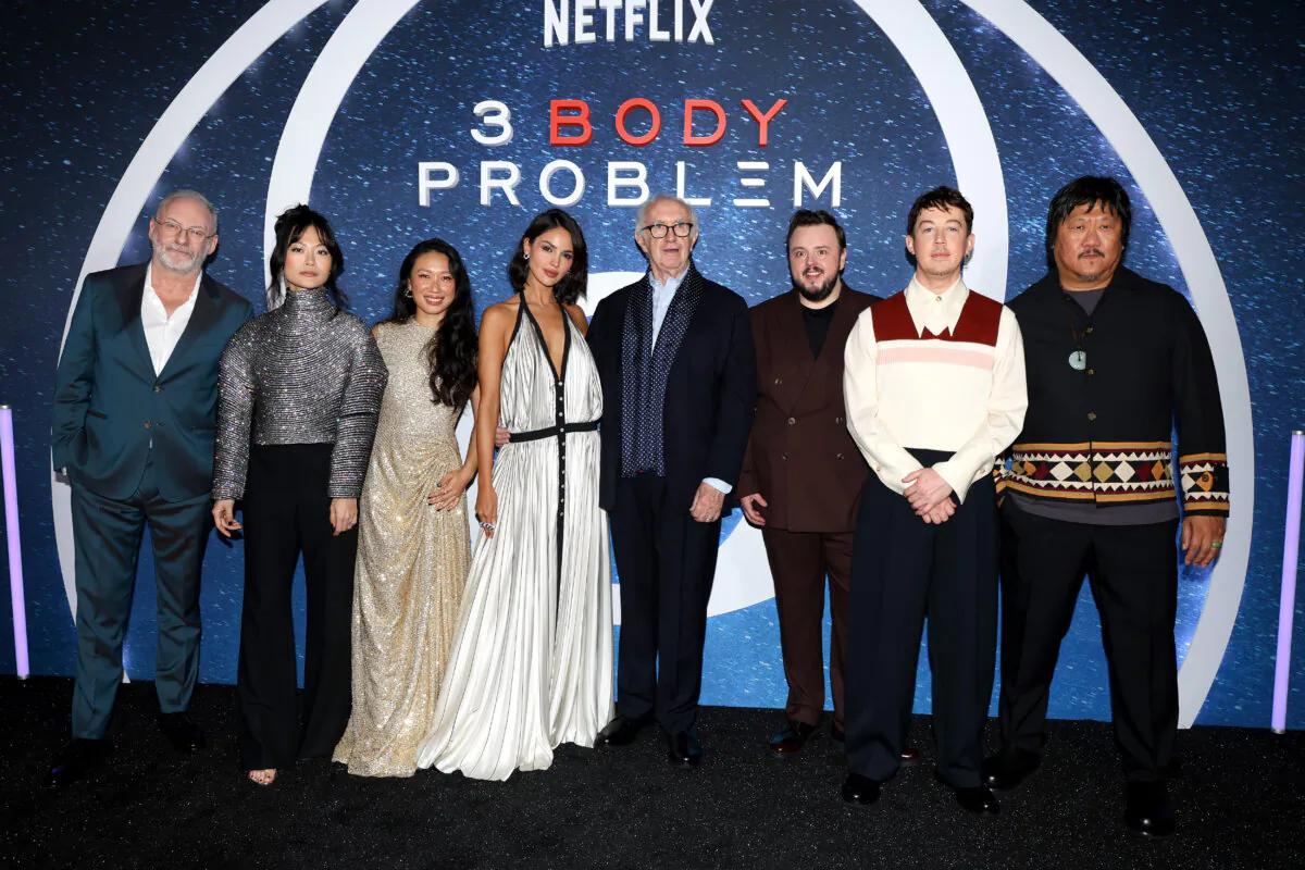 (L-R) Liam Cunningham, Zine Tseng, Jess Hong, Eiza González, Sir Jonathan Pryce, John Bradley, Alex Sharp and Benedict Wong attend the "3 Body Problem" Special Screening at Frameless in London on March 20, 2024. (Lia Toby/Getty Images)