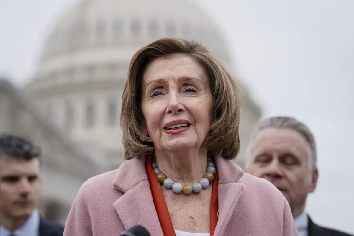 Former House Speaker Rep. Nancy Pelosi (D-Calif.) speaks during a press conference at the House Triangle near the U.S. Capitol building in Washington on March 22, 2024. (Madalina Vasiliu/The Epoch Times)