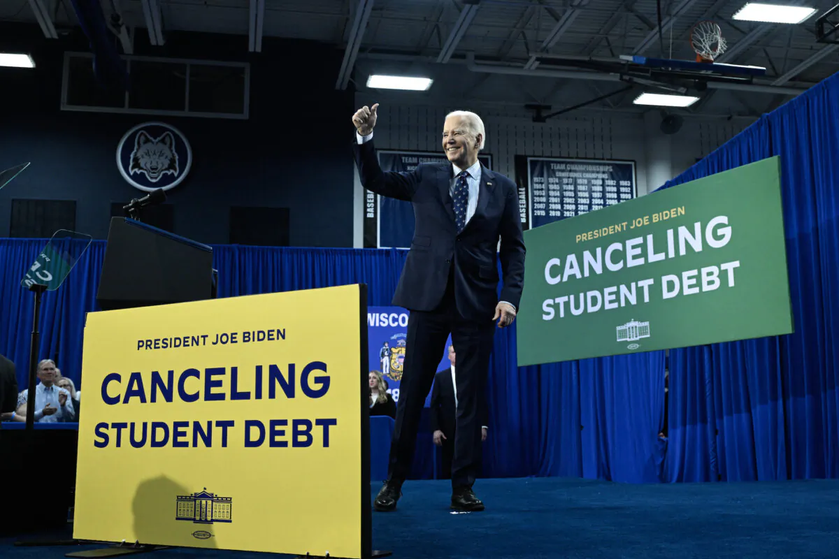 President Joe Biden gestures after speaking about student loan debt relief at Madison Area Technical College in Madison, Wis., on April 8, 2024. (Andrew Caballero-Reynolds/AFP/Getty Images)