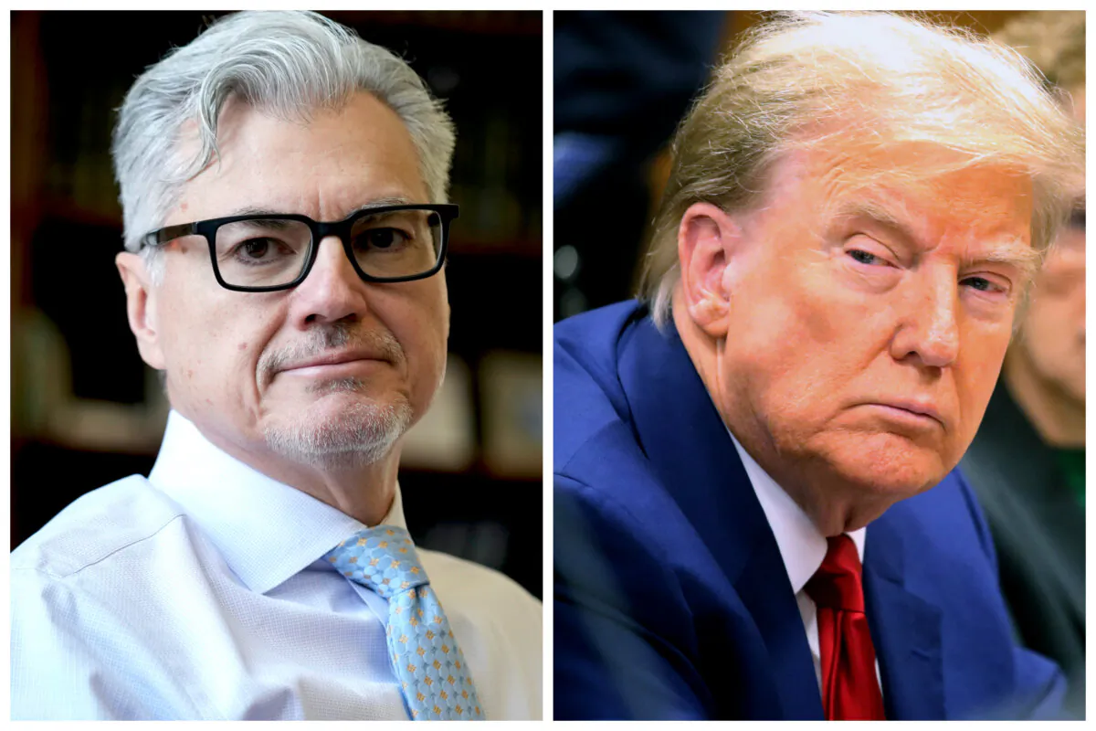 (Left) Judge Juan M. Merchan poses in his chambers in New York on March 14, 2024. (Right) Former President Donald Trump at Manhattan Criminal Court in New York City on March 25, 2024. (Seth Wenig/AP Photo; Spencer Platt/Pool/AFP via Getty Images)