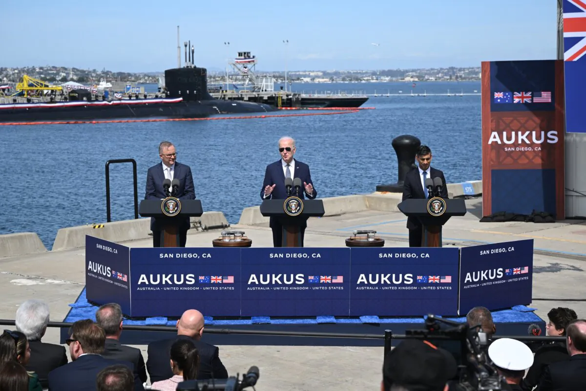 Australian Prime Minister Anthony Albanese (L), U.S. President Joe Biden (C), and British Prime Minister Rishi Sunak (R) hold a press conference after a trilateral meeting during the AUKUS summit in San Diego, Calif., on March 13, 2023. (Leon Neal/Getty Images)