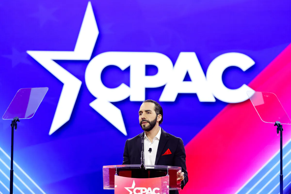 President of El Salvador Nayib Bukele speaks at the Conservative Political Action Conference (CPAC) at the Gaylord National Resort Hotel And Convention Center in National Harbor, Md., on Feb. 22, 2024. (Anna Moneymaker/Getty Images)