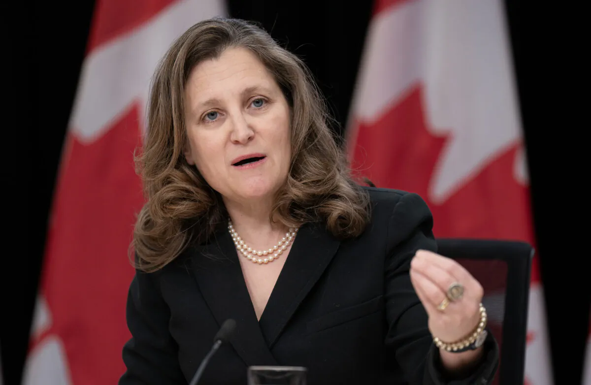 Deputy Prime Minister and Minister of Finance Chrystia Freeland responds to a question during a weekly news conference, in Ottawa, on Feb. 27, 2024. (The Canadian Press/Adrian Wyld)
