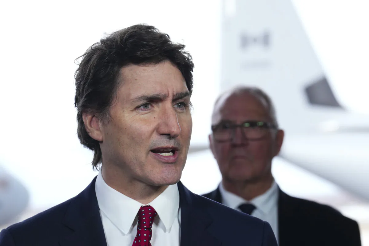 Prime Minister Justin Trudeau speaks during a press conference regarding Canada's new defence policy at CFB Trenton, in Trenton, Ont., April 8, 2024. (THE CANADIAN PRESS/Sean Kilpatrick)