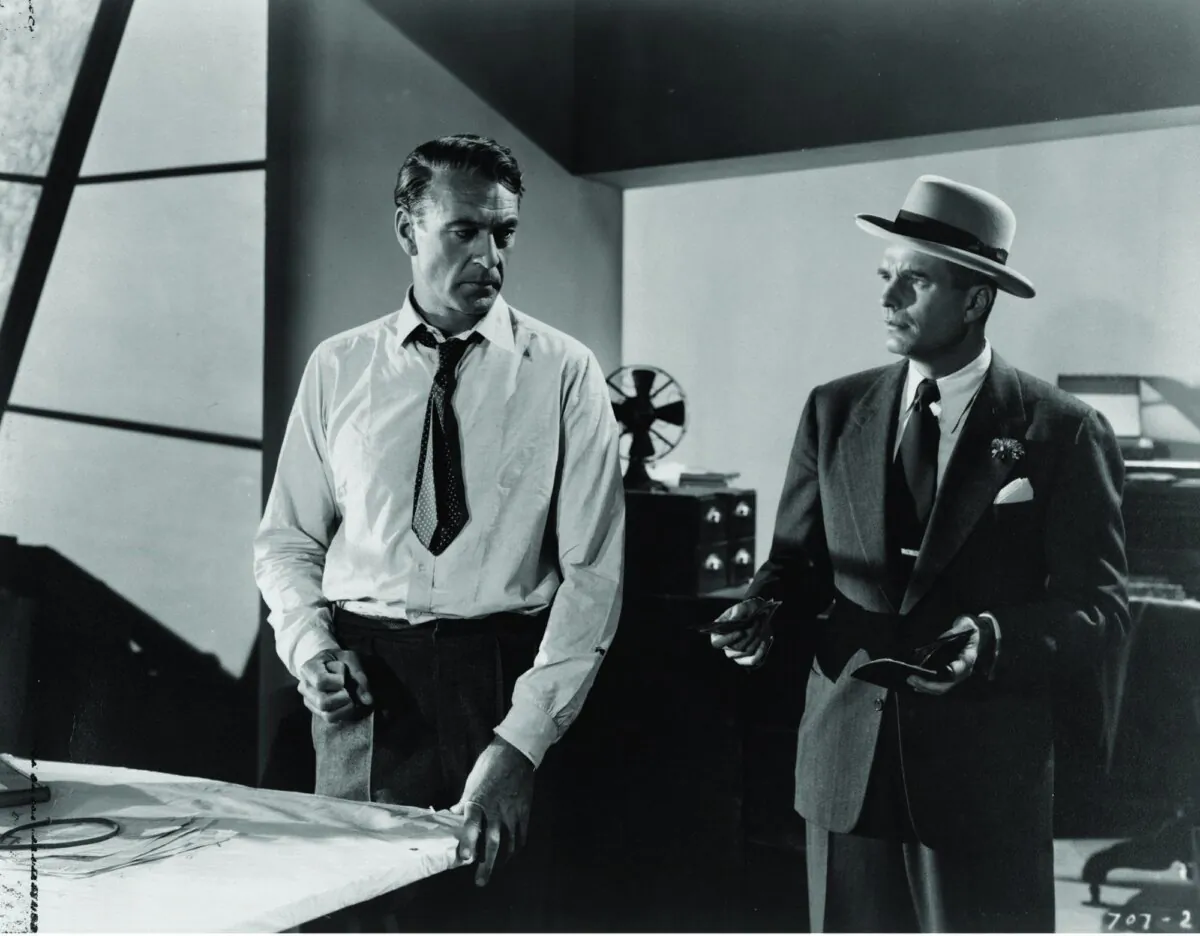 Howard Roark (Gary Cooper, L) and Peter Keating (Kent Smith) are competing architects, in “The Fountainhead.” (Warner Bros)