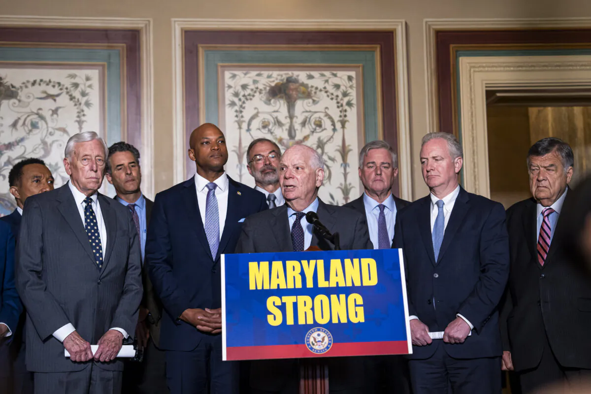 Rep. Steny Hoyer (D-Md.) (2nd L), Maryland Gov. Wes Moore (4th L), and other lawmakers listen as US Sen. Ben Cardin (D-Md.) speaks during at a press conference in Washington on April 9, 2024. (Madalina Vasiliu/The Epoch Times)