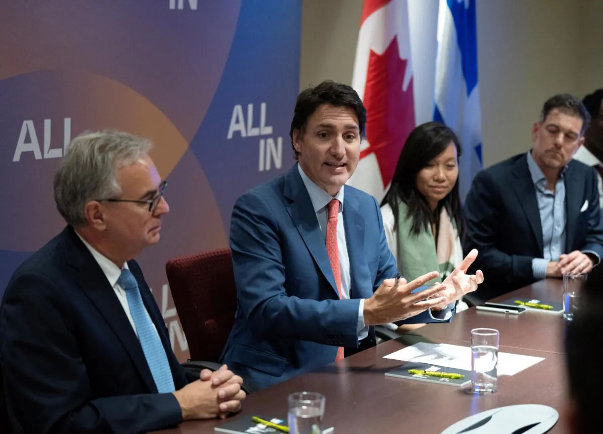 Prime Minister Justin Trudeau speaks with AI innovators at the All In artificial intelligence conference in Montreal on Sept. 28, 2023. (The Canadian Press/Ryan Remiorz) 