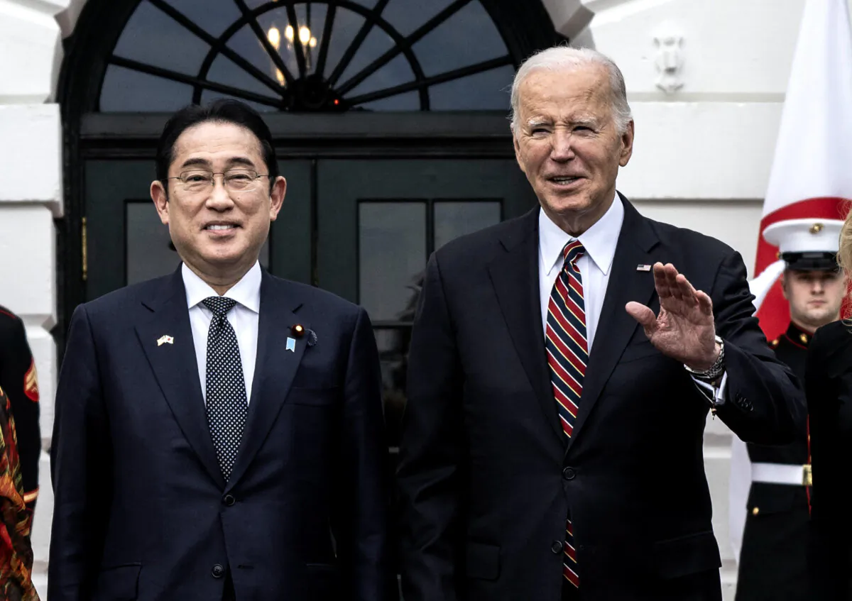 U.S. President Joe Biden (R) and Japan's Prime Minister Fumio Kishida at the South Portico of the White House on April 9, 2024. (Andrew Caballero-Reynolds/AFP via Getty Images)