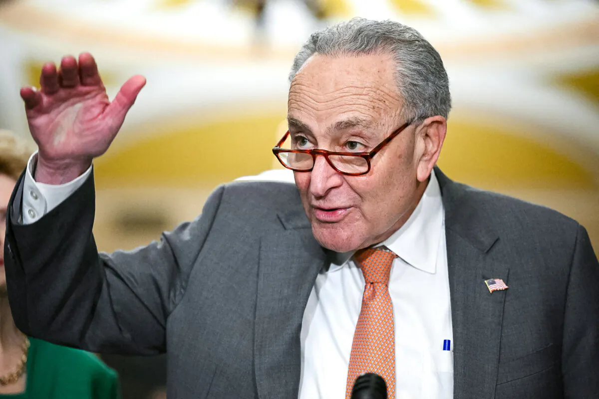 Senate Majority Leader Chuck Schumer (D-N.Y.) speaks to the press after the Democratic weekly luncheon at the U.S. Capitol in Washington on March 6, 2024. (Mandel Ngan/AFP via Getty Images)
