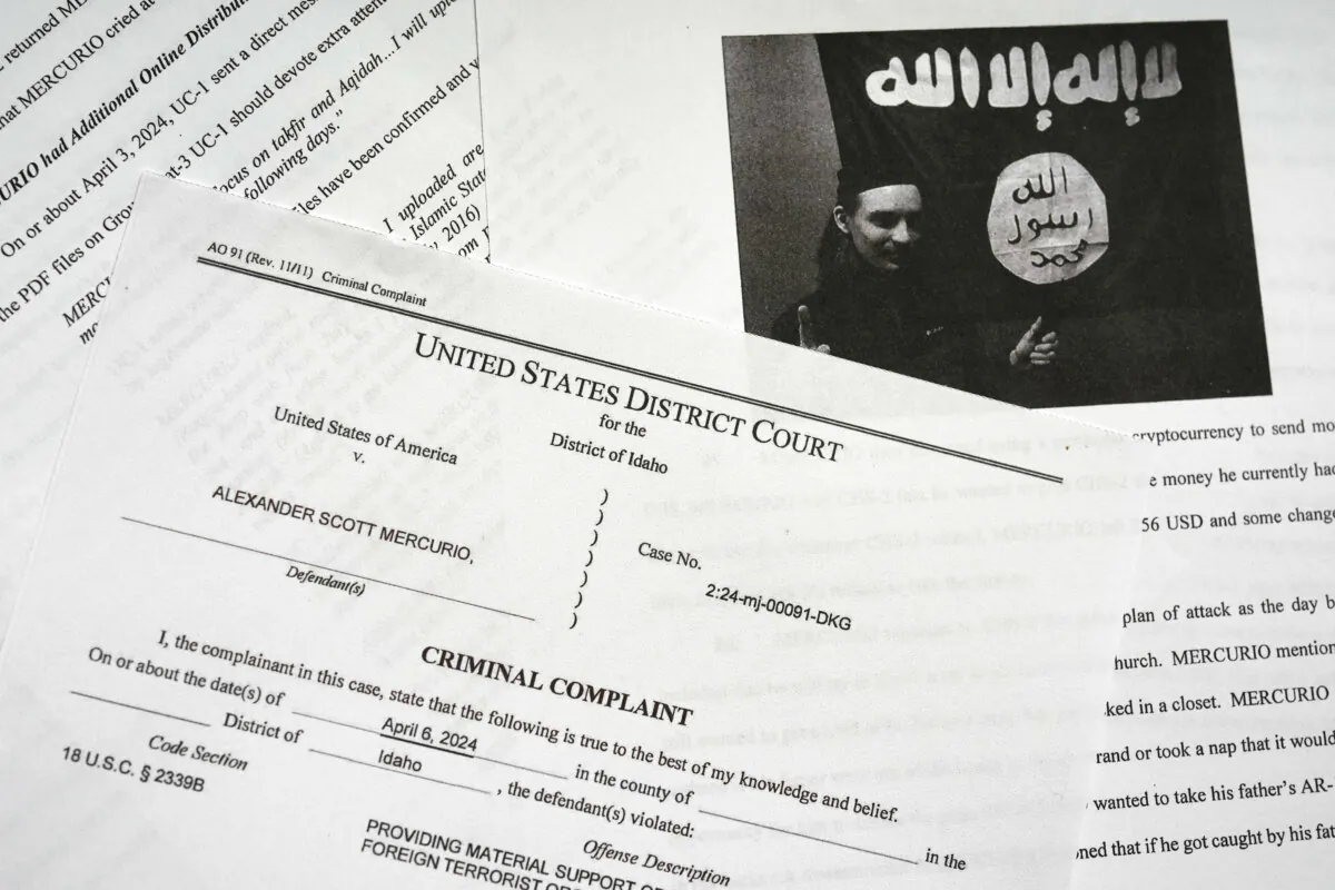 The criminal complaint against Alexander Scott Mercurio is photographed on April 9, 2024. (Jenny Kane/AP Photo)