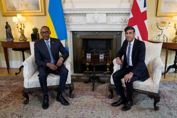 Prime Minister Rishi Sunak (right) and the President of Rwanda, Paul Kagame, ahead of their meeting at 10 Downing Street, London, on April 9, 2024. (Alberto Pezzali/PA Wire)
