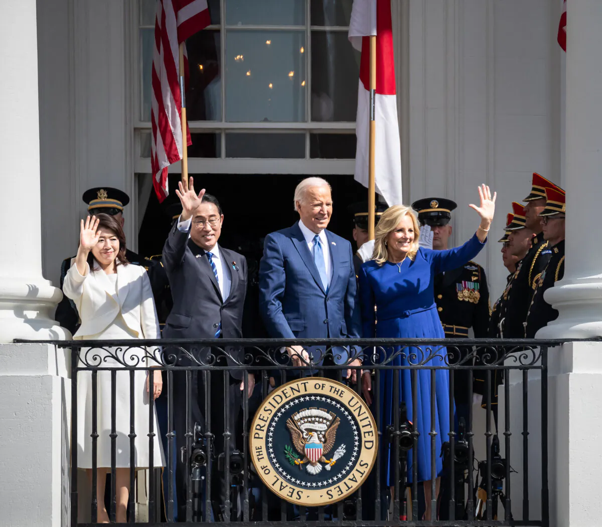 President Joe Biden and First Lady Jill Biden welcome Japanese Prime Minster Kishida and First Lady Yuko Kishida to the White House for a state visit, in Washington, on April 10, 2024. (Allison Bailey / Middle East Images via AFP via Getty Images)