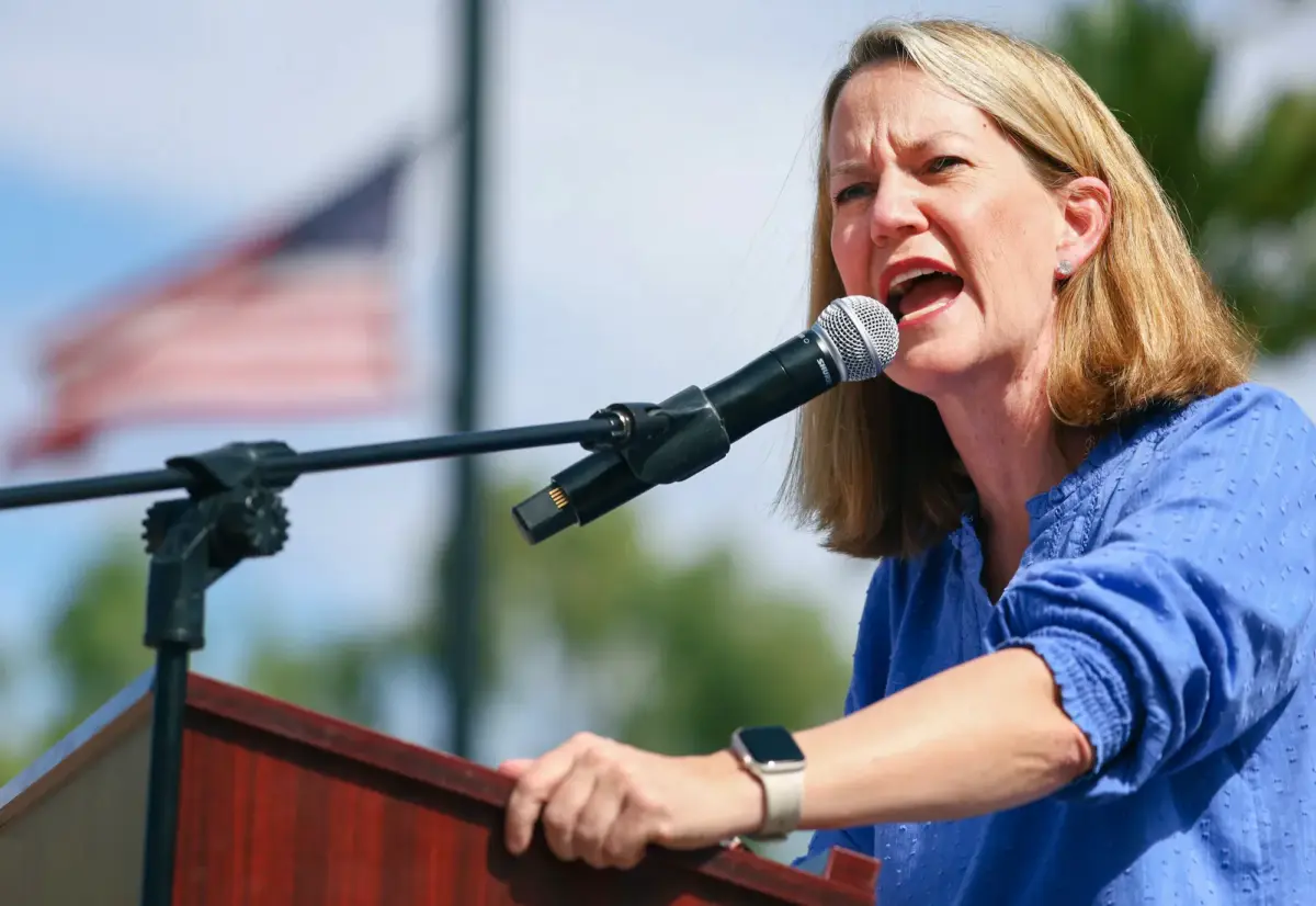 Kris Mayes, candidate for Arizona attorney general, speaks at a rally in Phoenix, Ariz., on Oct. 8, 2022. (Mario Tama/Getty Images)