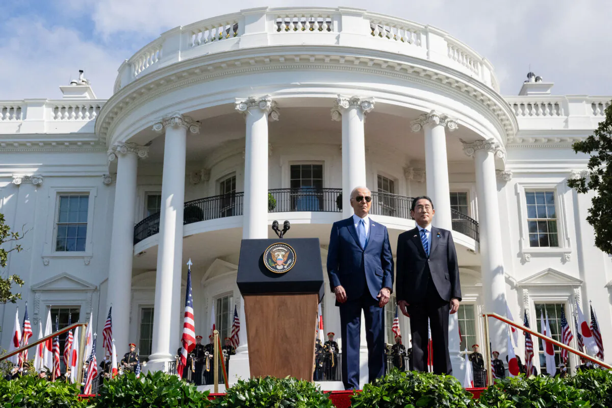 President Joe Biden and Japanese Prime Minister Fumio Kishida take part in an official arrival ceremony on the South Lawn of the White House on April 10, 2024. (Andrew Caballero-Reynolds/AFP via Getty Images)