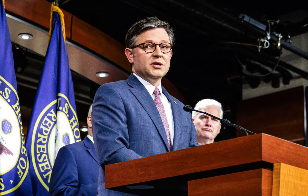 Speaker of the House Mike Johnson (R-La.) holds a press conference following a House GOP caucus meeting at the U.S Capitol in Washington on April 10, 2024. (Samuel Corum/Getty Images)