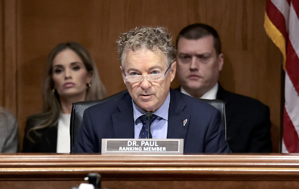 Sen. Rand Paul (R-Ky.) questions Homeland Security Secretary Alejandro Mayorkas and FBI Director Christopher Wray during a hearing held by the Senate Homeland Security and Governmental Affairs Committee in Washington on Oct. 31, 2023. (Win McNamee/Getty Images)