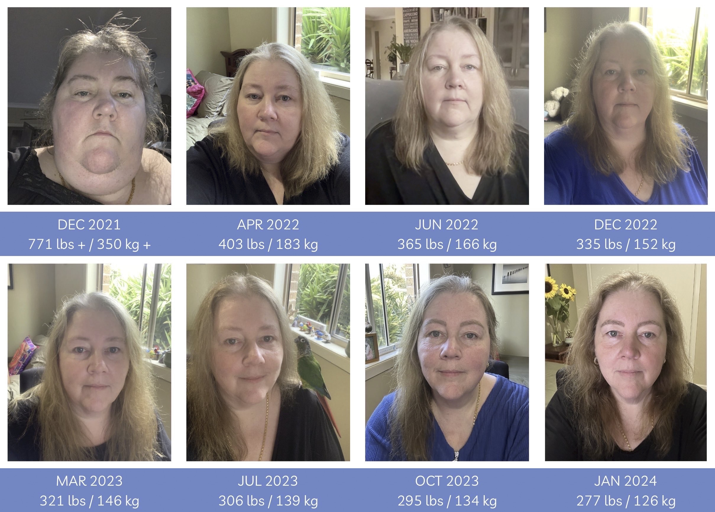 A visual representation of Ms. Barker's weight loss journey over the years.