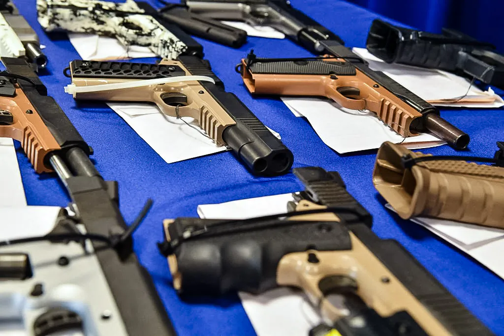 "Ghost guns" seized in federal law enforcement actions are displayed in a file photo at the Bureau of Alcohol, Tobacco, Firearms, and Explosives (ATF) field office in Glendale, Calif., on April 18, 2022. (Robyn Beck/AFP via Getty Images)