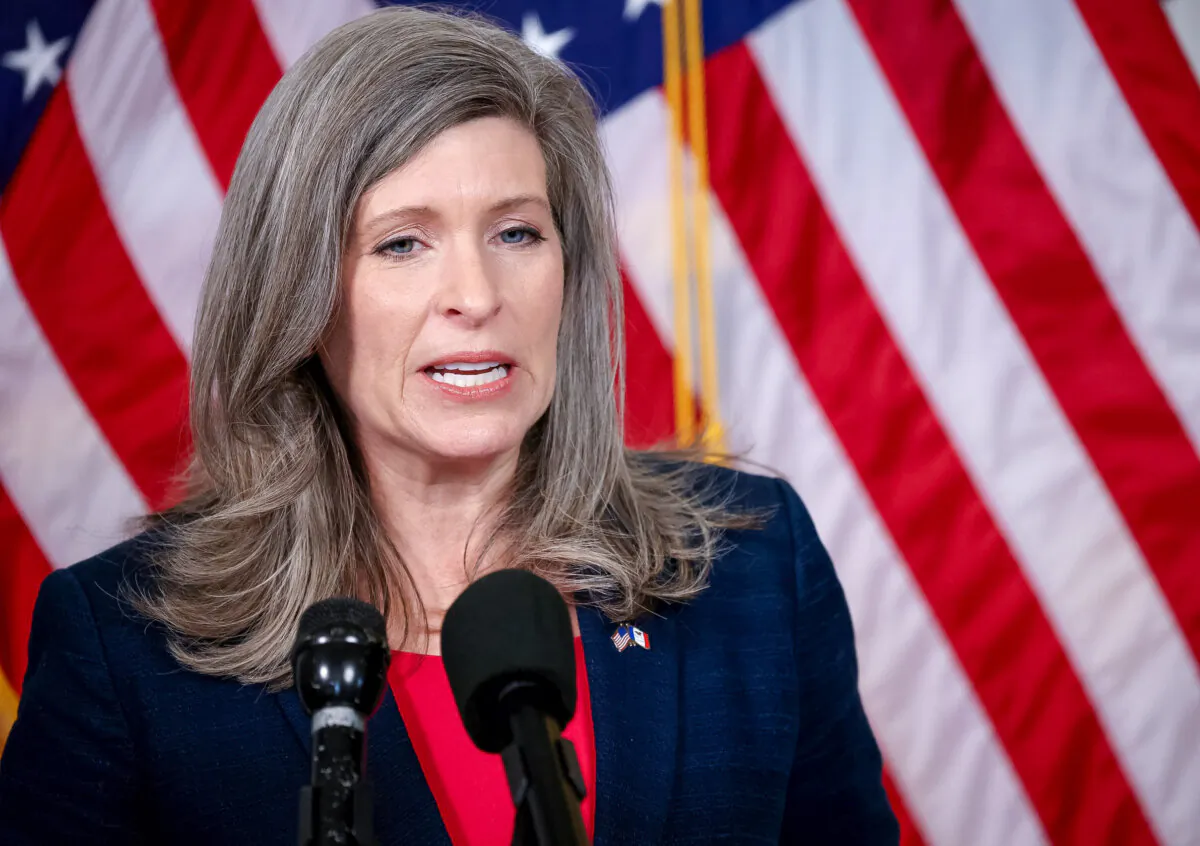 Sen. Joni Ernst (R-Iowa) speaks following the weekly Republican policy luncheon in Washington, on May 11, 2021. (Win McNamee/Getty Images)