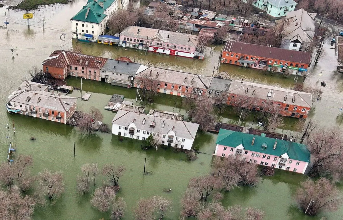 The flooded part of the city of Orsk in Orenburg region, southeast of the southern tip of the Ural Mountains, Russia, on April 8, 2024. Russia said on April 8 that more than 10,000 residential buildings were flooded across the Urals, Volga area, and western Siberia as emergency services evacuated cities threatened by rising rivers. (Anatoliy Zhdanov/Kommersant Photo/AFP via Getty Images)
