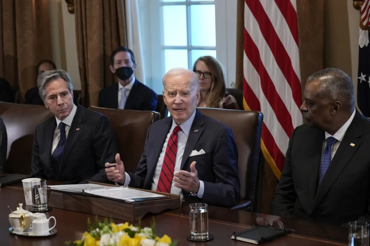 President Joe Biden, flanked by Secretary of State Antony Blinken (L) and Defense Secretary Lloyd Austin, meets with Polish President Andrzej Duda and Prime Minister Donald Tusk at the White House on March 12, 2024. (Kevin Dietsch/Getty Images)