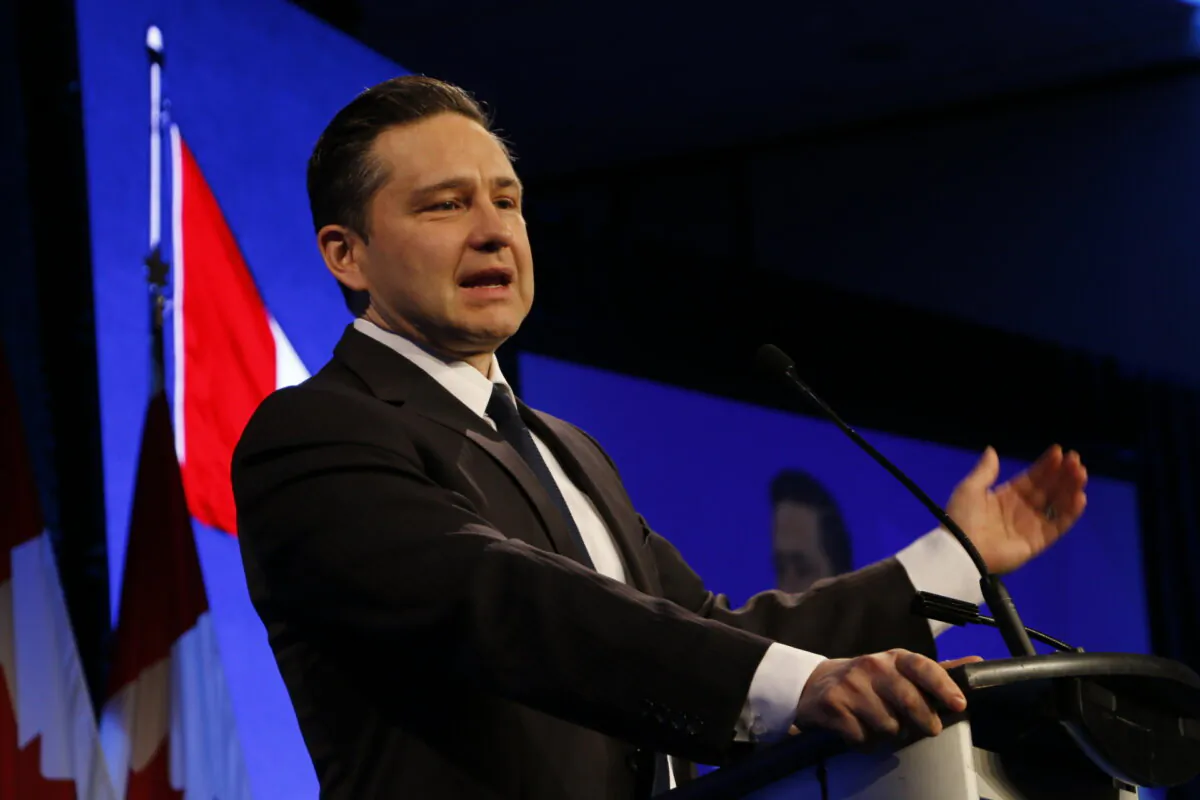 Conservative Leader Pierre Poilievre speaks at the annual Canada Strong and Free Network conference in Ottawa on April 11, 2024. (Noé Chartier/The Epoch Times)