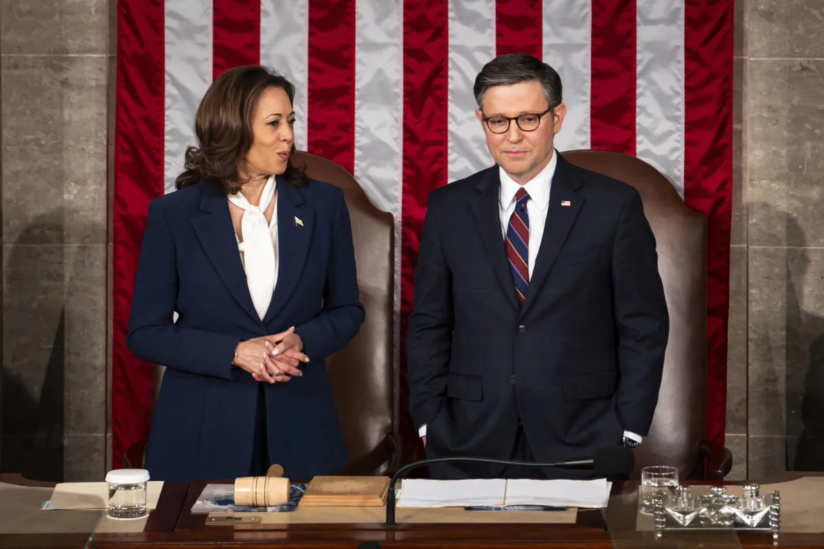 Vice President Kamala Harris (L) and House Speaker Mike Johnson (R) ahead of Japanese Prime Minister Fumio Kishida's speech in Washington, on April 11, 2024. (Madalina Vasiliu/The Epoch Times)