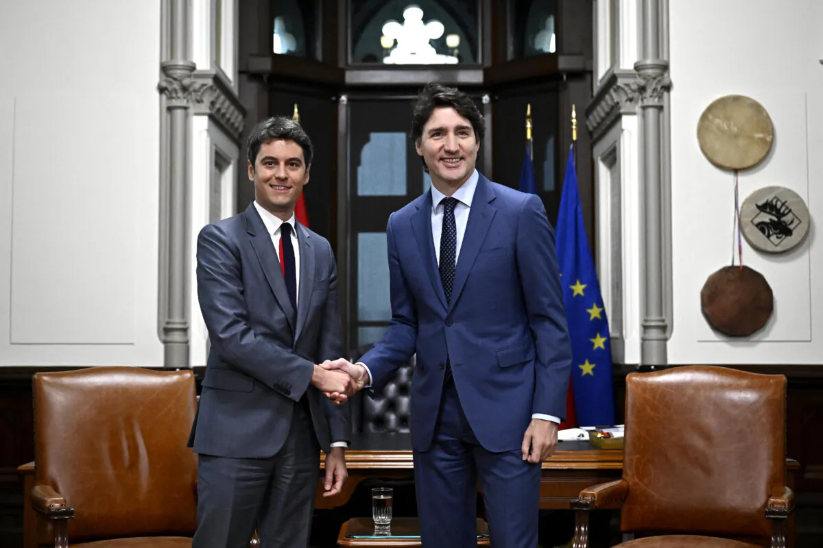 Prime Minister of Canada Justin Trudeau, right, meets with Prime Minister of France Gabriel Attal, in his office on Parliament Hill in Ottawa on April 11, 2024. (THE CANADIAN PRESS/Justin Tang)