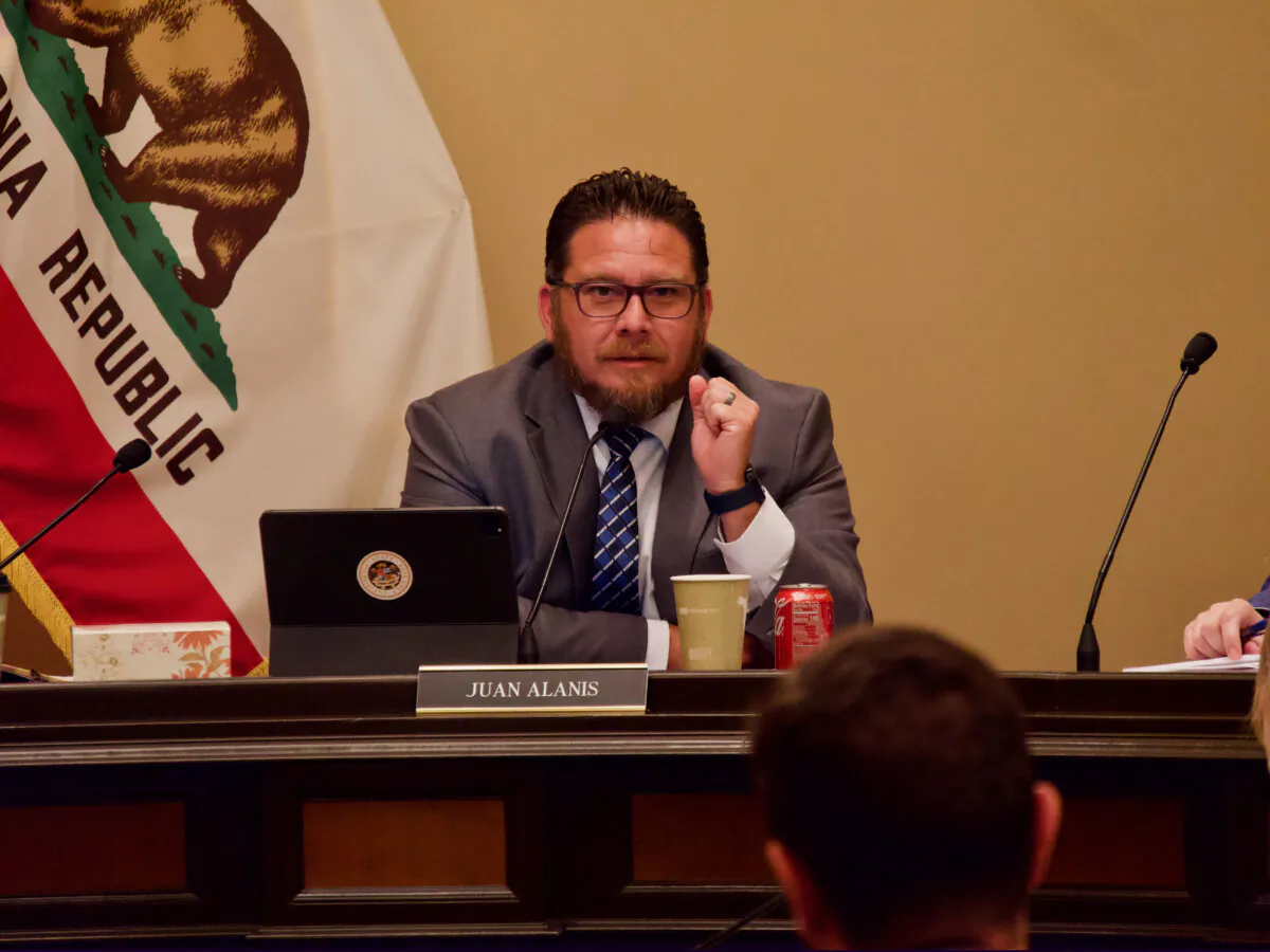 Assemblyman Juan Alanis, vice chair of the Public Safety Committee, questions witnesses during a hearing at the Capitol in Sacramento on April 9, 2024. (Travis Gillmore/The Epoch Times)
