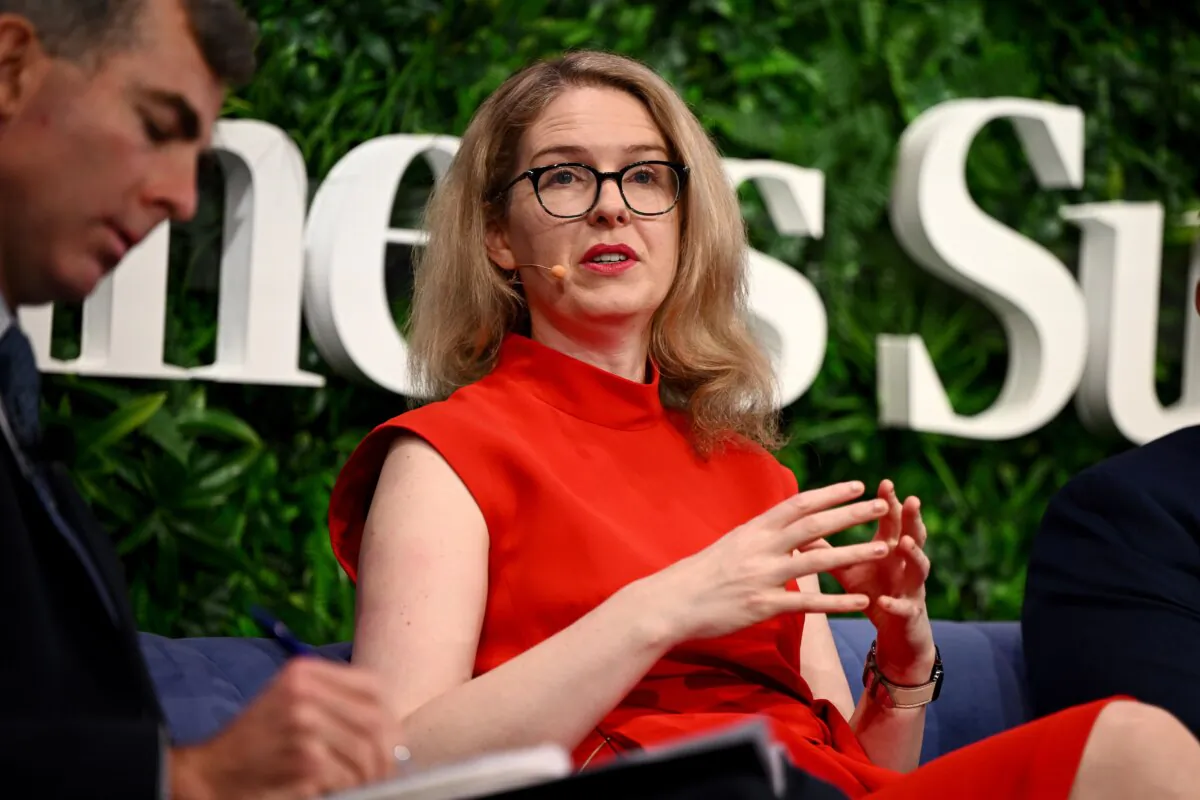 Productivity Commission Chair Danielle Wood is seen during a panel discussion at the Australian Financial Review Business Summit, in Sydney on March 12, 2024. (AAP Image/Bianca De Marchi)