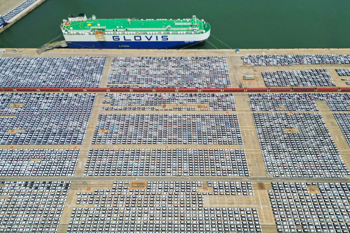 Rows of cars that will be exported at Yantai port, Shandong Province, China, on June 1, 2023. (STR/AFP via Getty Images)