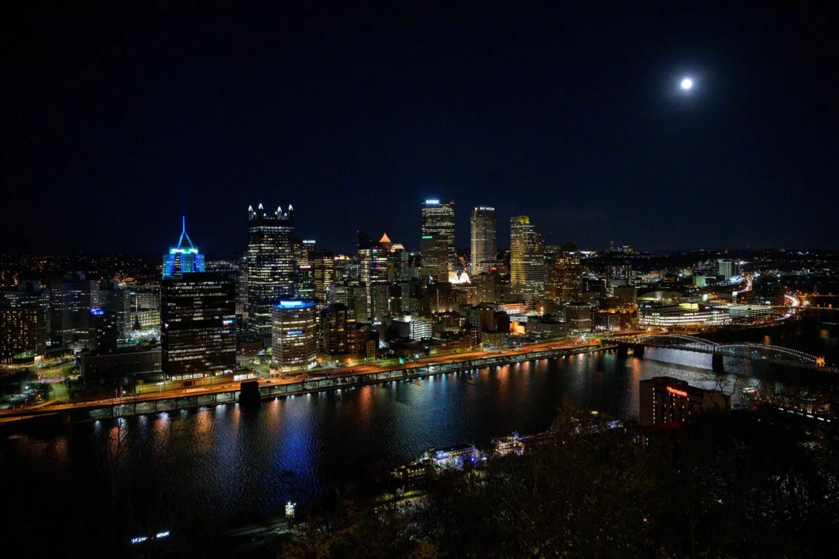 Skyline view of downtown Pittsburgh on Nov. 7, 2022, at night, on the eve of the U.S. midterm elections. (Angela Weiss/AFP via Getty Images)