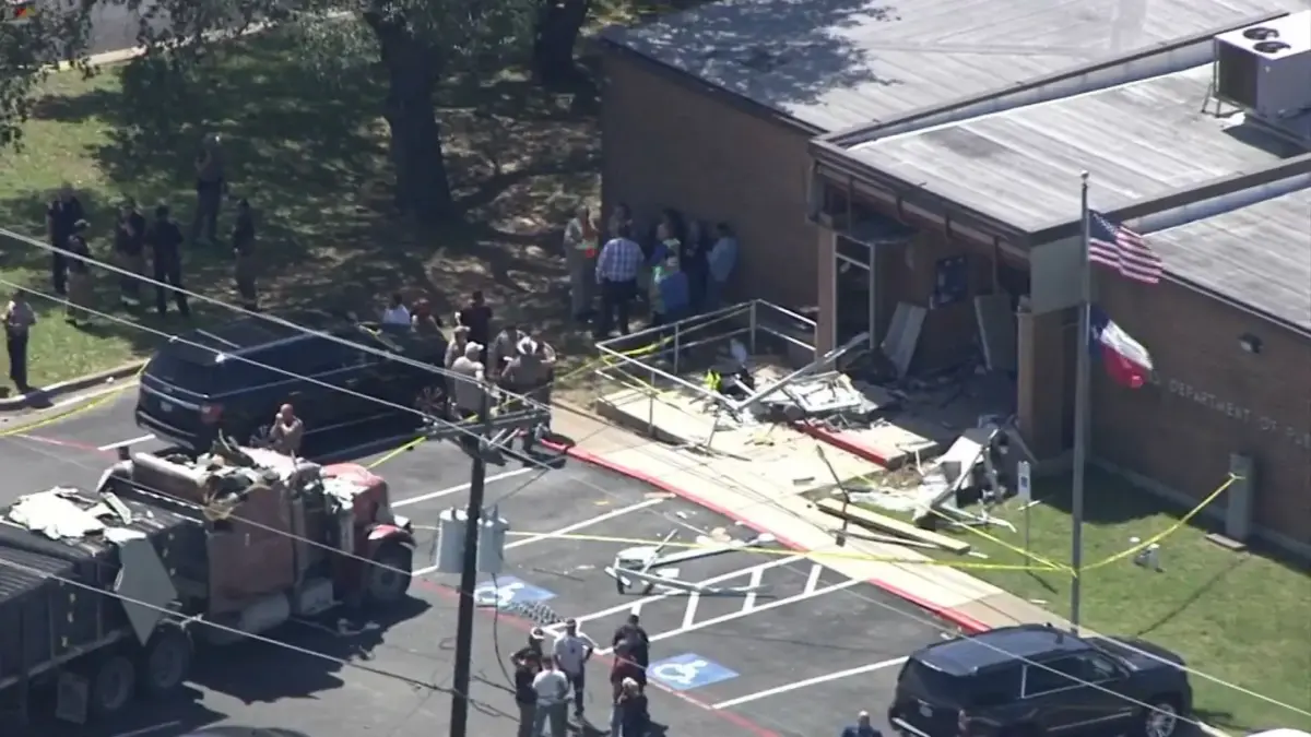 A damaged branch of the Texas Department of Public Safety in Brenham, Texas, after a truck crashed into the entrance on April 12, 2024. (KTRK via CNN Newsource)
