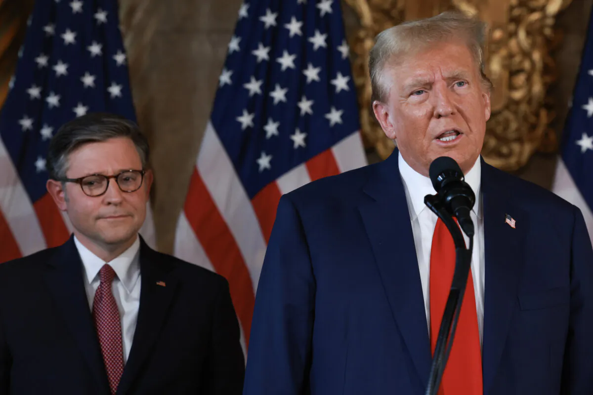 Republican presidential candidate former President Donald Trump and Speaker of the House Mike Johnson (R-La.) hold a press conference at Mr. Trump's Mar-a-Lago estate on April 12, 2024, in Palm Beach, Florida. (Joe Raedle/Getty Images)