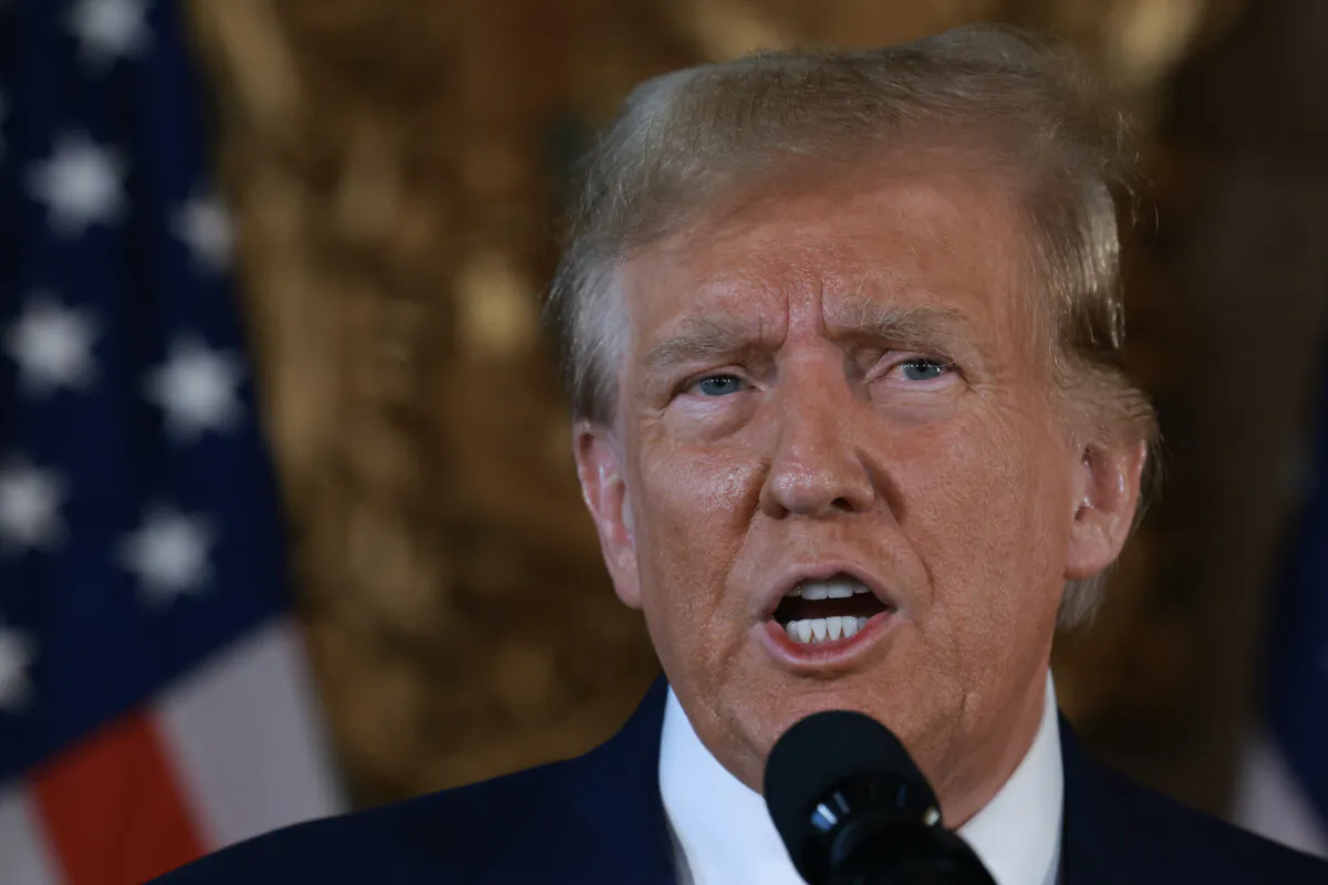 Republican presidential candidate former President Donald Trump speaks during a joint press conference with Speaker of the House Mike Johnson (R-La.) at Mr. Trump's Mar-a-Lago estate in Palm Beach, Fla., on April 12, 2024. (Joe Raedle/Getty Images)