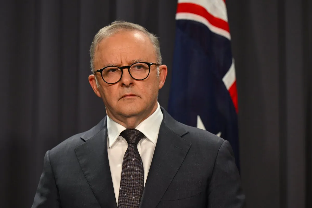 Australian Prime Minister Anthony Albanese speaks to the media during a press conference in Canberra, Australia, on April 13, 2024. (AAP Image/Lukas Coch) 