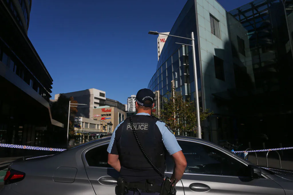 Police cordon off surrounding areas at Westfield Bondi Junction in Sydney, Australia, on April 14, 2024. (Lisa Maree Williams/Getty Images)
