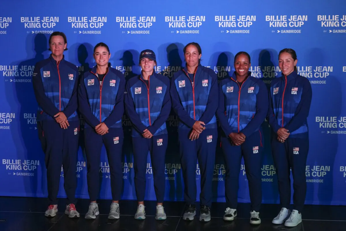 Lindsay Davenport, Caroline Dolehide, Emma Navarro, Madison Keys, Taylor Townsend and Jessica Pegula of Team USA pose for a photo during the draw of the Billie Jean King Cup Qualifier matches between USA and Belgium at USTA National Campus in Orlando on April 11, 2024. (Rich Storry/Getty Images for ITF)