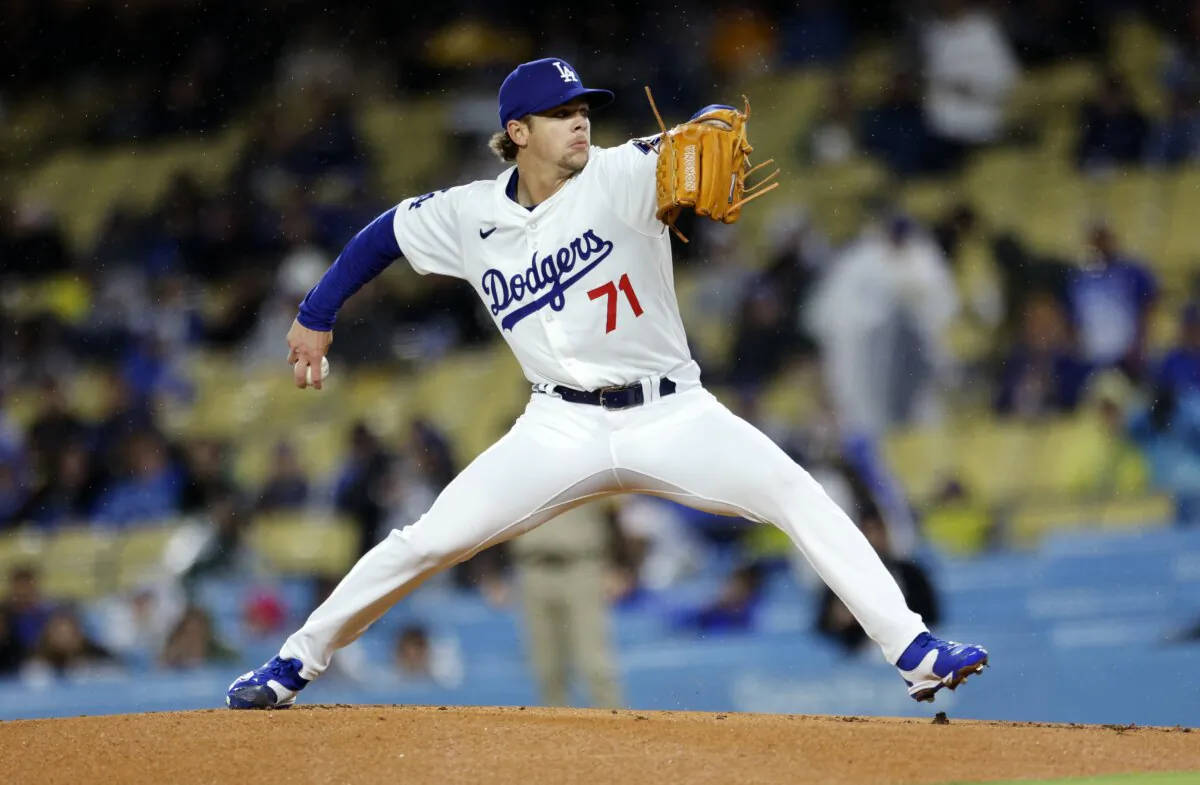 Pitcher Gavin Stone (71) of the Los Angeles Dodgers throws against the San Diego Padres during the first inning in Los Angeles on April 13, 2024. (Kevork Djansezian/Getty Images)