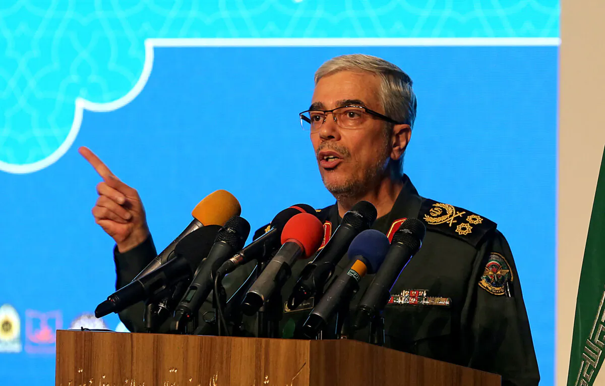 Iranian Armed Forces chief of staff Major General Mohammad Bagheri speaks during the the International Conference on the Legal-International Claims of the Holy Defense in the capital Tehran on Feb. 23, 2021. (Atta Kenare/AFP via Getty Images)