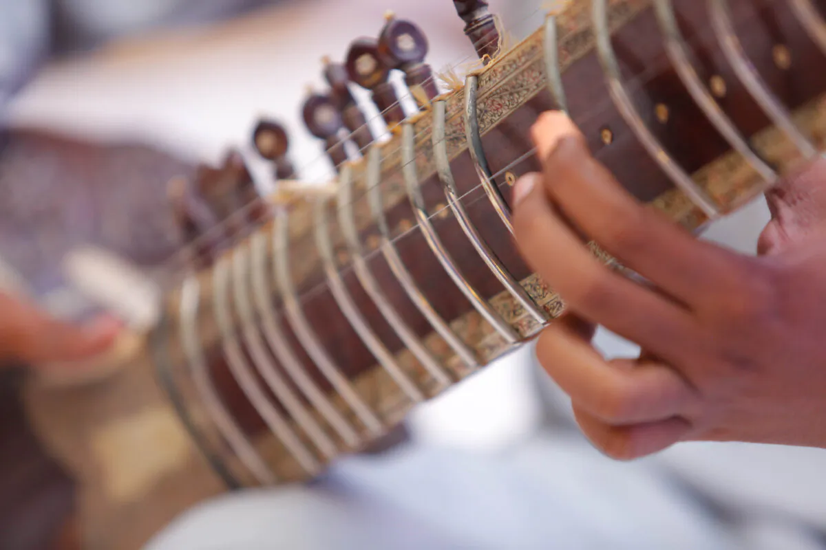 The sitar is a plucked stringed instrument with a long neck and a gourd-shaped body. (Mehfooz Aleem/Shutterstock)