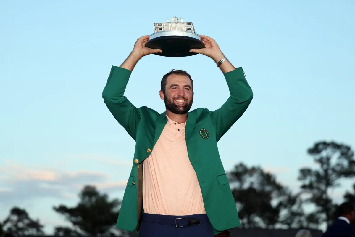 Scottie Scheffler of the United States poses with the Masters trophy after winning the 2024 Masters Tournament in Augusta, Ga., on April 14, 2024. (Warren Little/Getty Images)