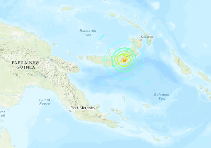 A map showing the location of a magnitude 6.5 earthquake that hit the island of New Britain on April 15, 2024. (USGS/Screenshot via The Epoch Times)