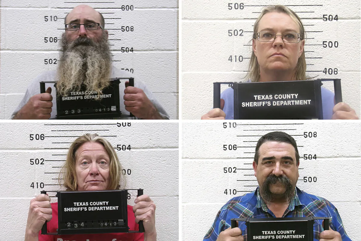 This combination of booking photo shows Tad Bert Cullum, top left, Cora Twombly, top right, Tifany Machel Adams, bottom left, and Cole Earl Twombly, bottom right. (Oklahoma State Bureau of Investigation via AP)
