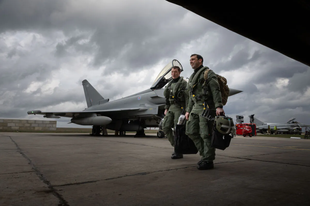 Pilots from an RAF Typhoon squadron taking part in NATO's Operation Biloxi, landing at Mihail Kogqlniceanu air base in Romania on March 25, 2024. (Ministry of Defence)