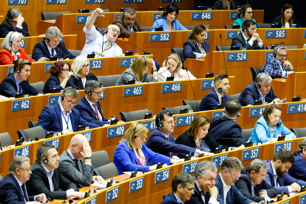 Members of European Parliament participate in a series of votes as they attend a plenary session at the European Parliament in Brussels, on April 10, 2024. (/Geert Vanden Wijngaert/AP Photo)